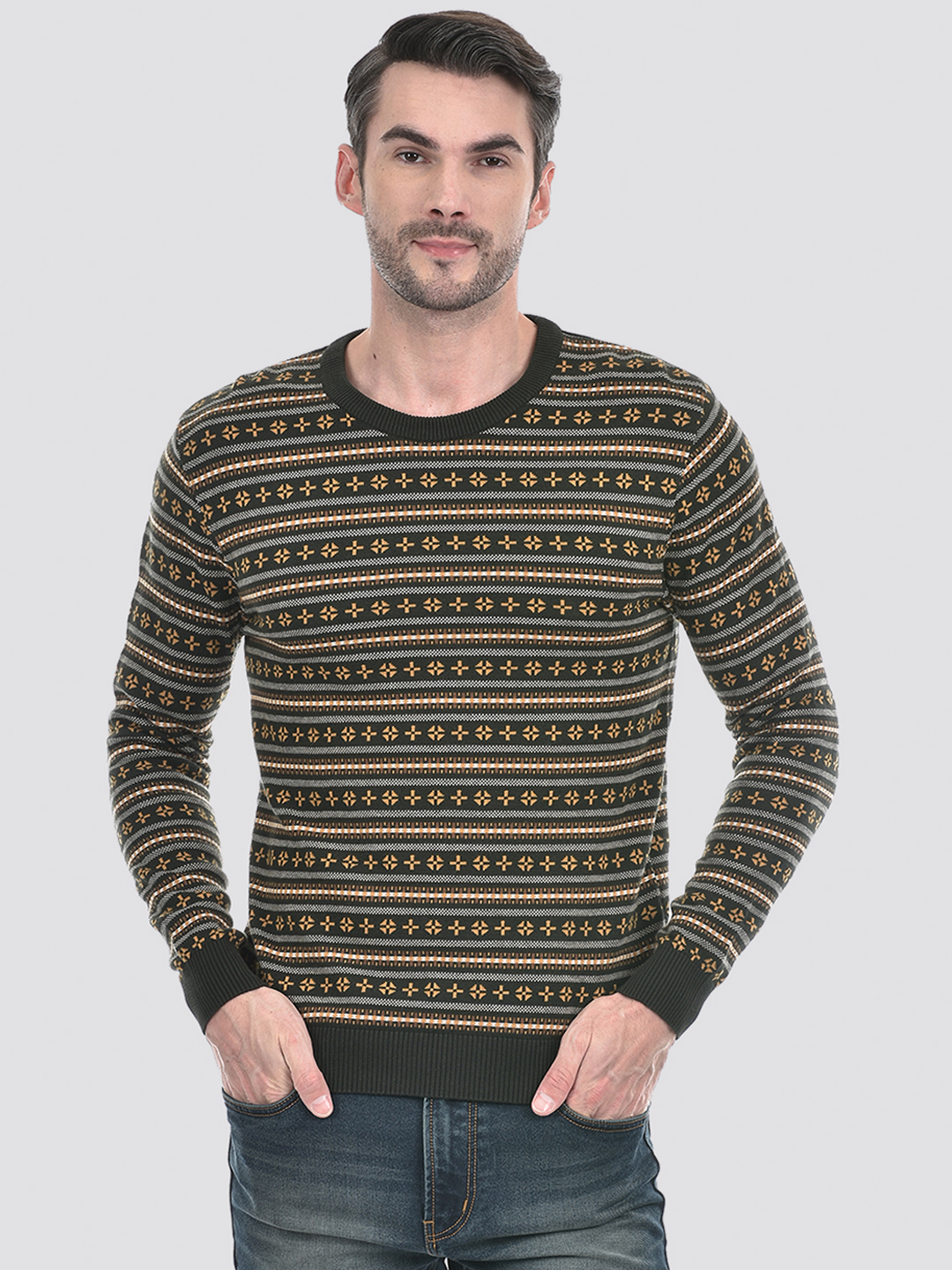Numero Uno Men Green Striper Round Neck Flat Knitted Sweater
